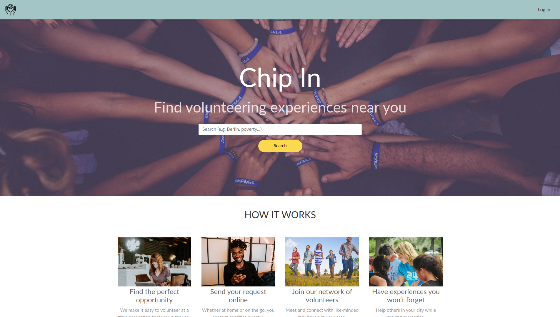 Preview of Chip-In, a community service platform built by a team of developers including Benjamin Chavez at Le Wagon's full stack coding bootcamp.